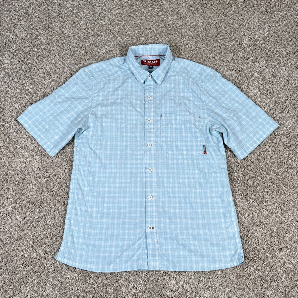 Simms Shirt Mens Medium‎ Blue Plaid Short Sleeve Button Up Light Fishing